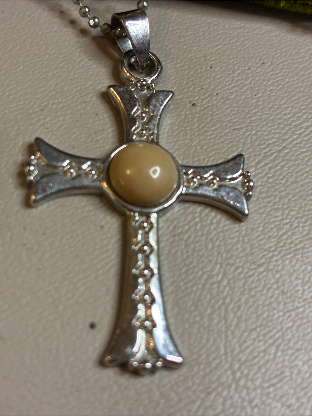 Silver Cross Pendant with Cream Center Stone Jerusalem and Calvary marks
